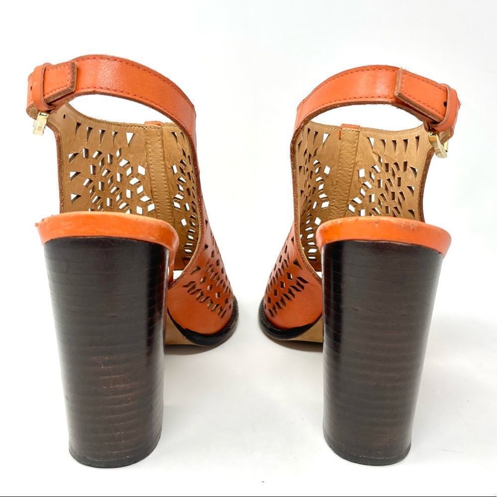 Rebecca Minkoff Laser Cut Peep Toe Orange Leather Block Heel Sandals Size 7.5 - Picture 5 of 9